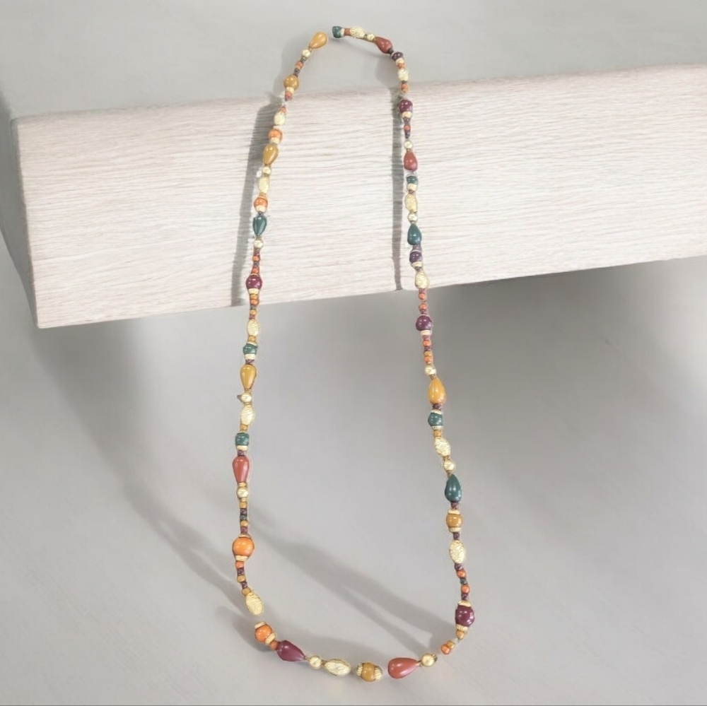 Artisanal Multi Color Teardrop Bead Station Necklace Earthy Bohemian
